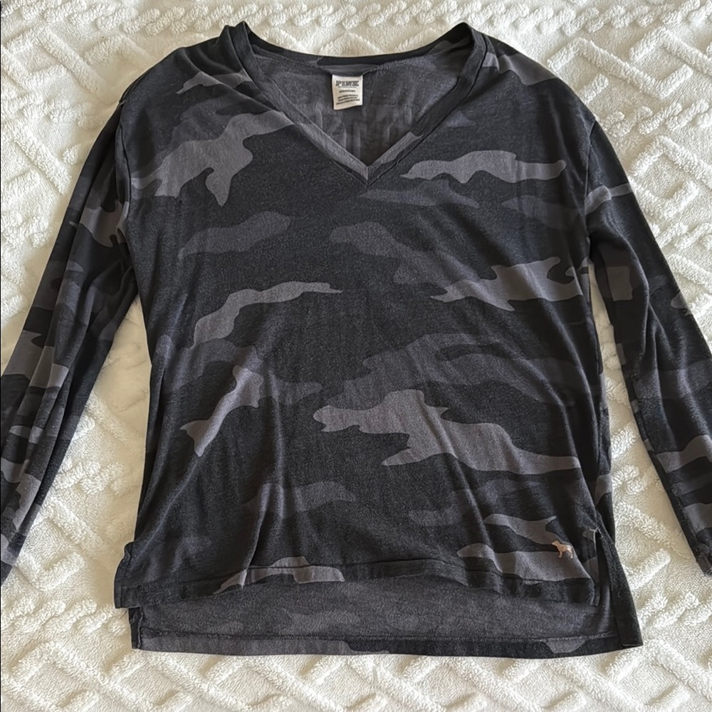 PINK Gray Camouflage V-Neck Long Sleeve Shirt